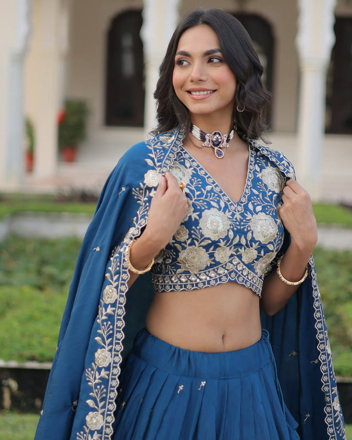 Peacock Blue Color Vichitra Silk Thread Embroidered Lehenga Choli
