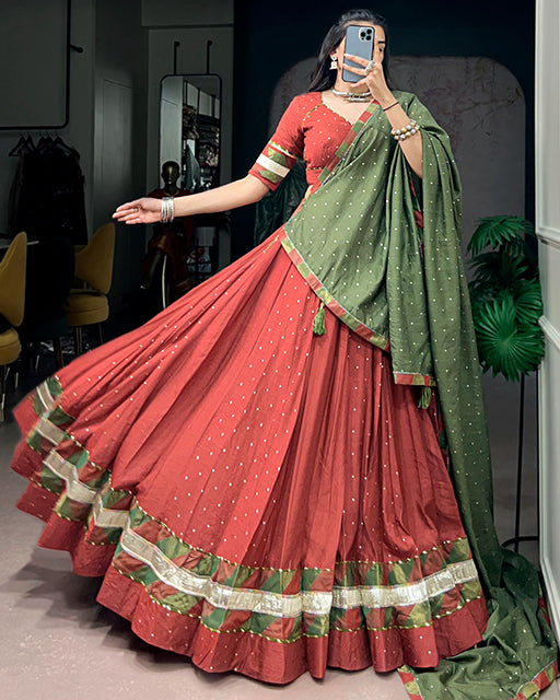 Rust Red Color Pure Chanderi Zari Weaving Navratri Lehenga Choli
