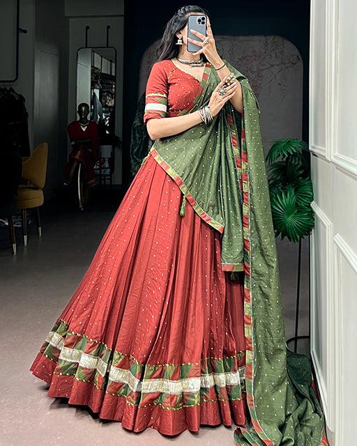 Rust Red Color Pure Chanderi Zari Weaving Navratri Lehenga Choli