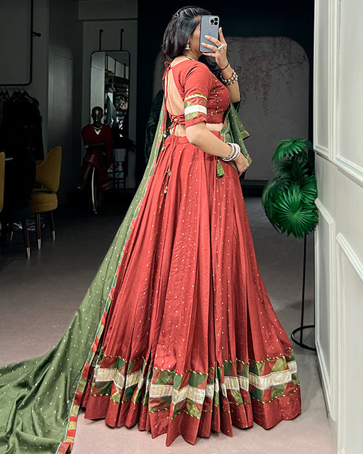 Rust Red Color Pure Chanderi Zari Weaving Navratri Lehenga Choli