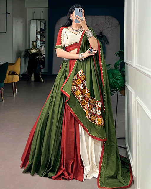 Traditional White And Maroon Color Cotton Navratri Lehenga  Set