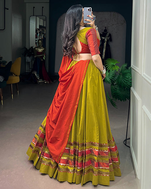 Olive Yellow Color Dhabu Cotton Navratri Lehenga  Set
