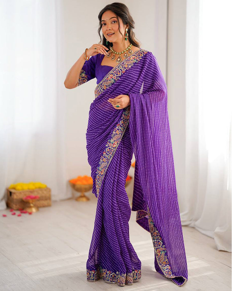 Purple Color Faux Georgette Bandhej Print Saree