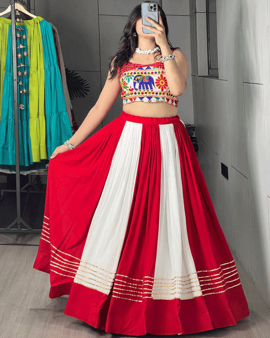 Traditional Red And White Printed Navratri Lehenga Set