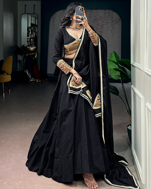 Black Color Khadi Cotton Thread Embroidered Navratri Lehenga  Set