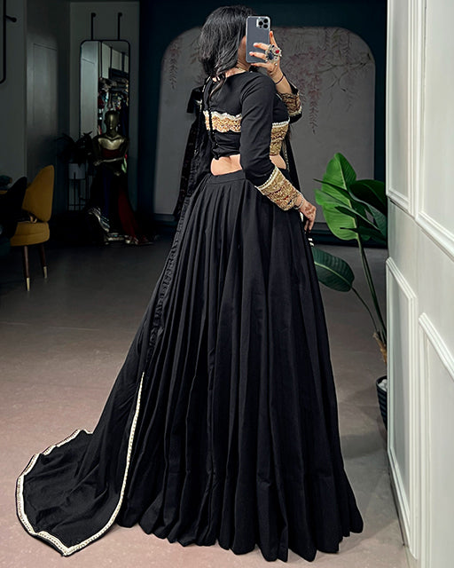 Black Color Khadi Cotton Thread Embroidered Navratri Lehenga  Set