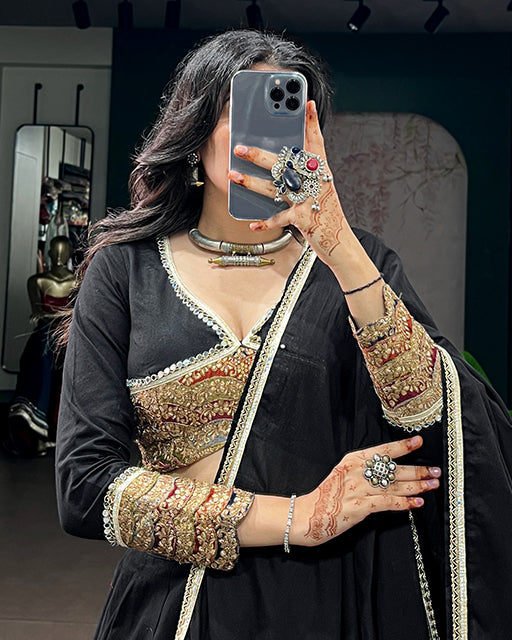 Black Color Khadi Cotton Thread Embroidered Navratri Lehenga  Set