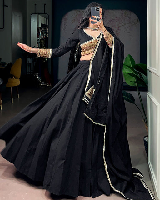 Black Color Khadi Cotton Thread Embroidered Navratri Lehenga  Set