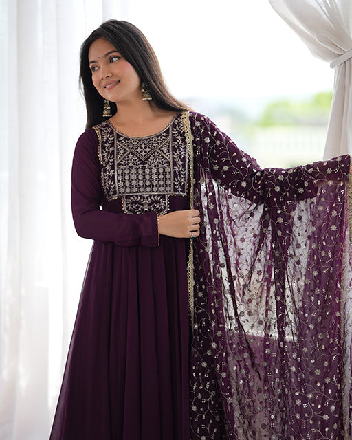 Wine  Color Pure Faux Georgette  Embroidered  Anarkali Suit