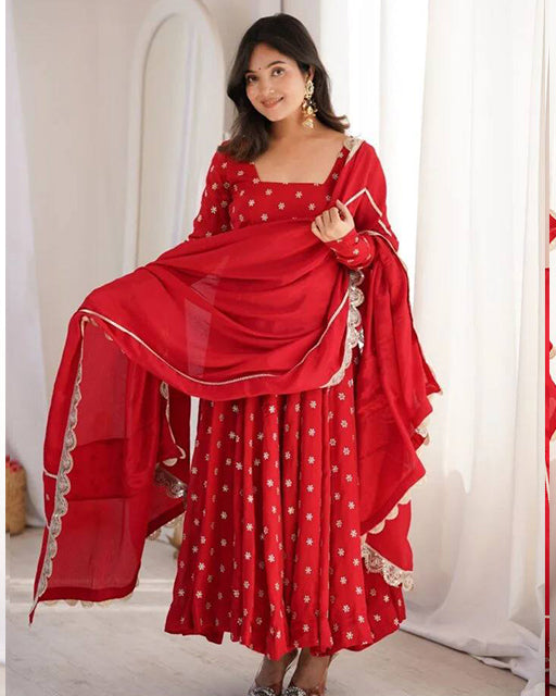 red Color Chanderi Chinon Silk Three Piece Anarkali Suit