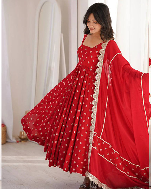 red Color Chanderi Chinon Silk Three Piece Anarkali Suit