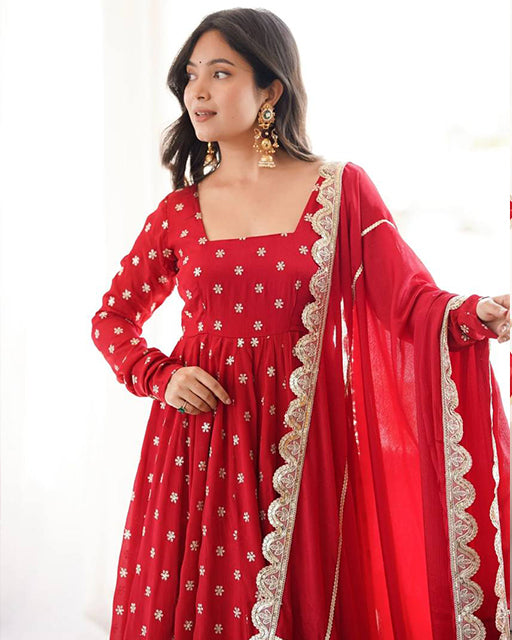 red Color Chanderi Chinon Silk Three Piece Anarkali Suit