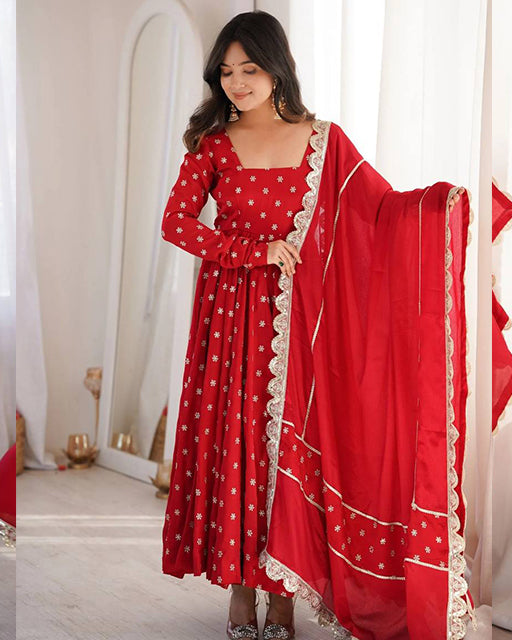 red Color Chanderi Chinon Silk Three Piece Anarkali Suit