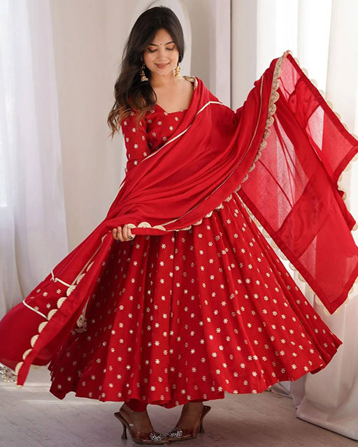 red Color Chanderi Chinon Silk Three Piece Anarkali Suit