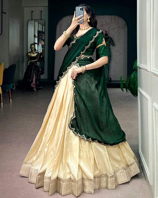 Off White Color Poly Kotha Zari Weaving Half Saree