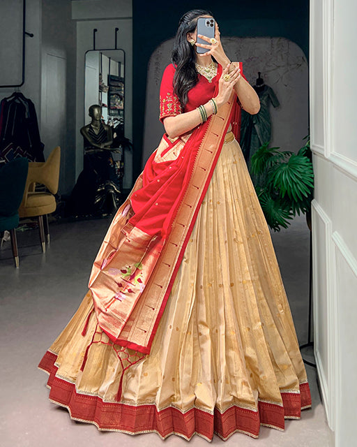 Red Color Paithani Kanchipuram Silk Zari Weaving Half Saree