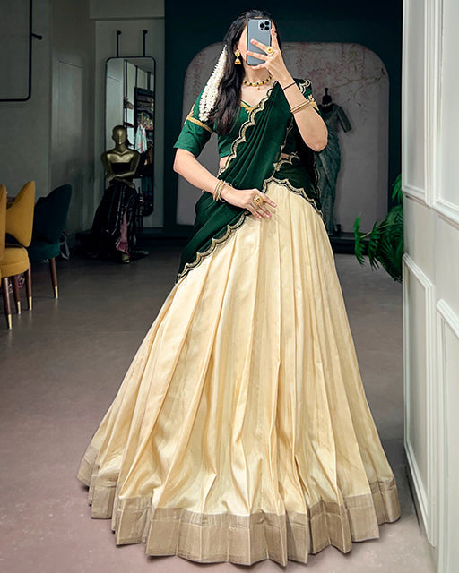 Off White Color Poly Kotha Zari Weaving Half Saree