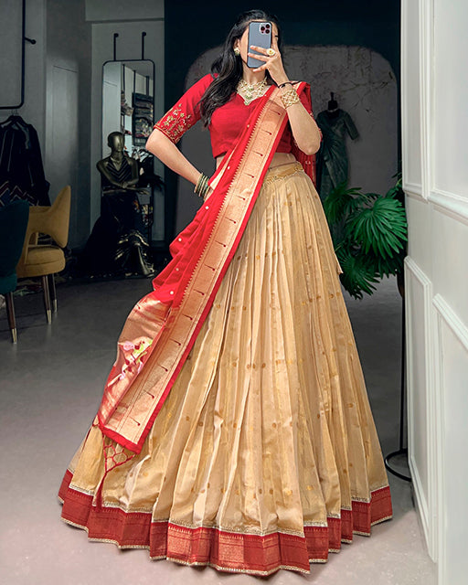 Red Color Paithani Kanchipuram Silk Zari Weaving Half Saree