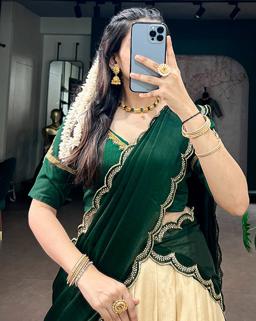 Off White Color Poly Kotha Zari Weaving Half Saree