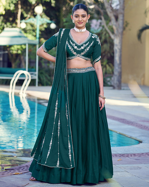 Teal Green Color Rangoli Crush Embroidered Lehenga Choli