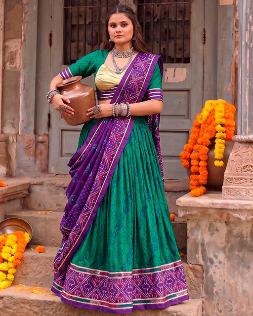 Teal Green Color Pure Tussar Silk Bandhani Print Navratri Lehenga Choli
