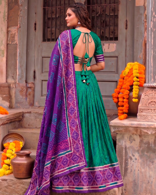 Teal Green Color Pure Tussar Silk Bandhani Print Navratri Lehenga Choli