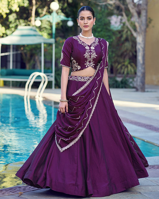 Royal Purple Color Rangoli Crush Embroidered Lehenga Choli