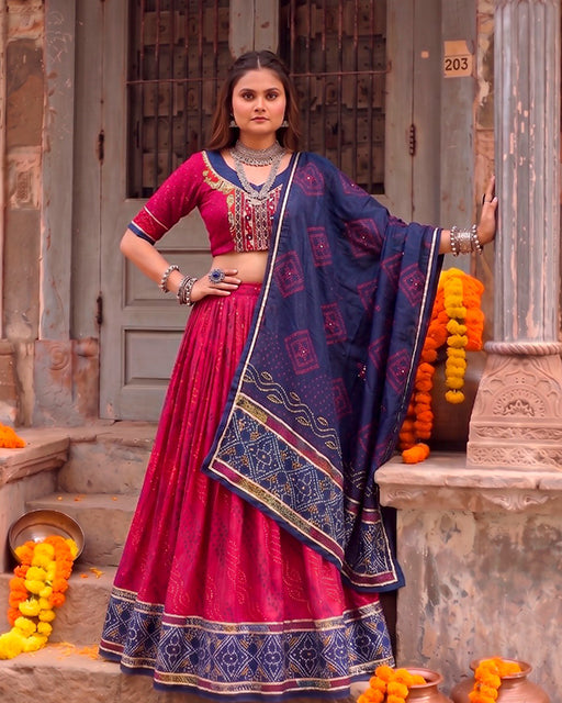 Pink Color Pure Tussar Silk Bandhani Print Navratri Lehenga Choli