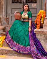 Teal Green Color Pure Tussar Silk Bandhani Print Navratri Lehenga Choli