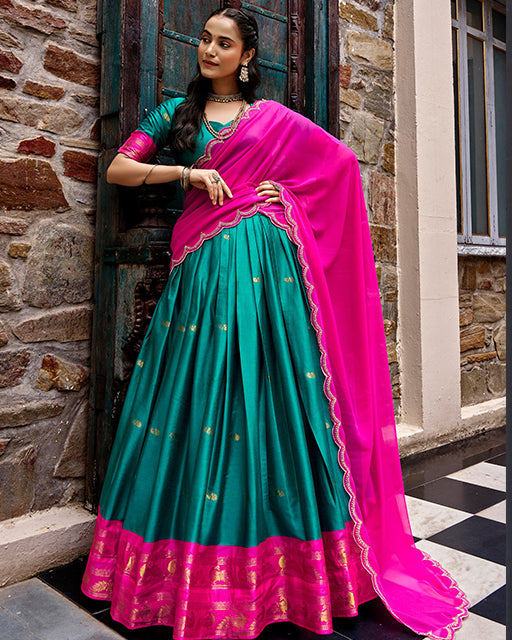 Teal Green Color Rich Cotton Zari Weaving Half Saree