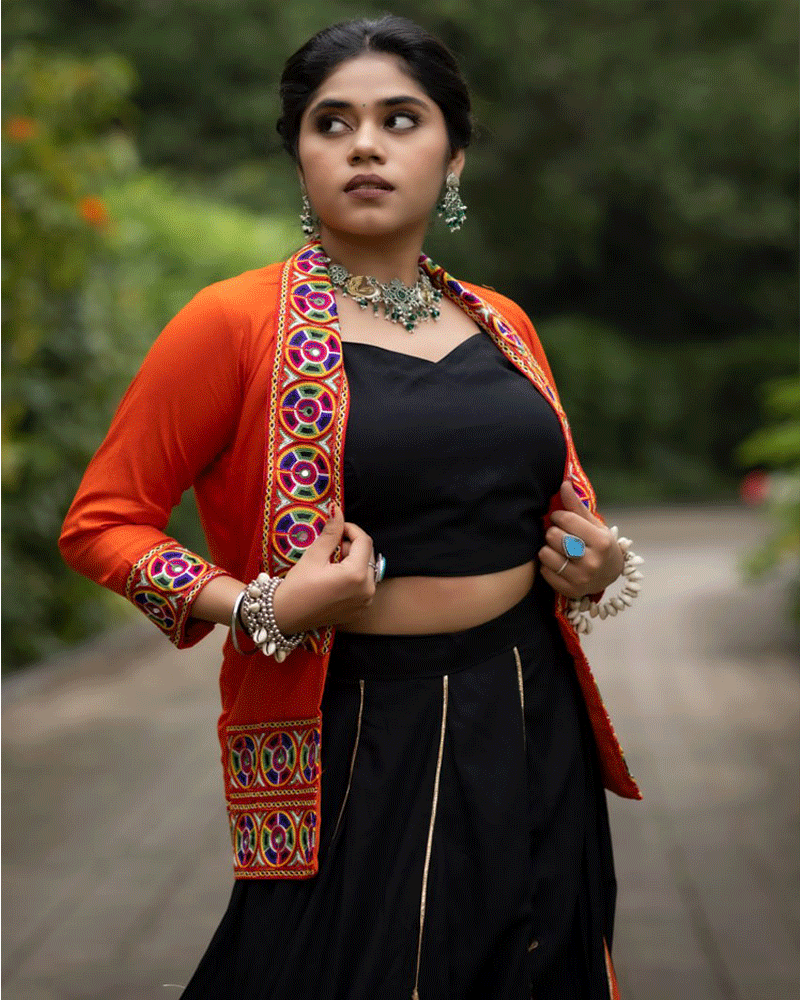 Black And Orange Color Rayon Cotton Navratri Lehenga Choli