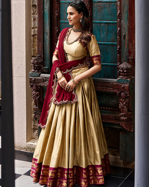 Cream Color Rich Cotton Zari Weaving Half Saree