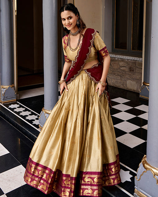 Cream Color Rich Cotton Zari Weaving Half Saree