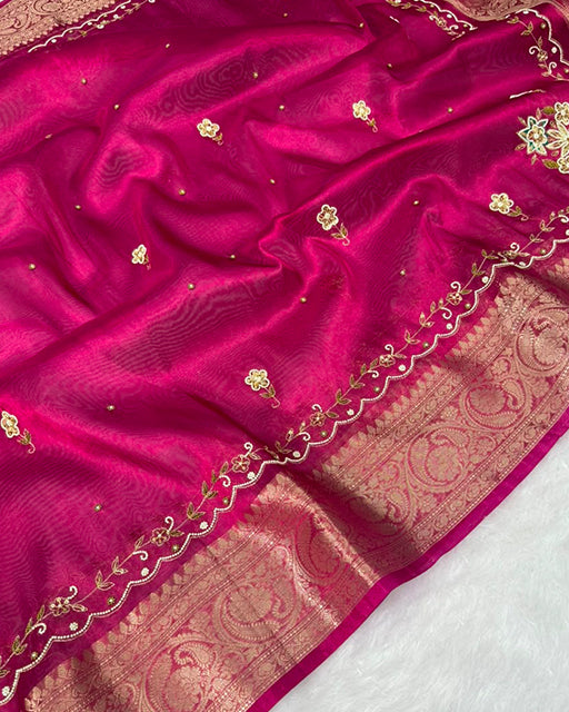 Rani Pink Color  Premium Banarasi Tissue Silk Saree