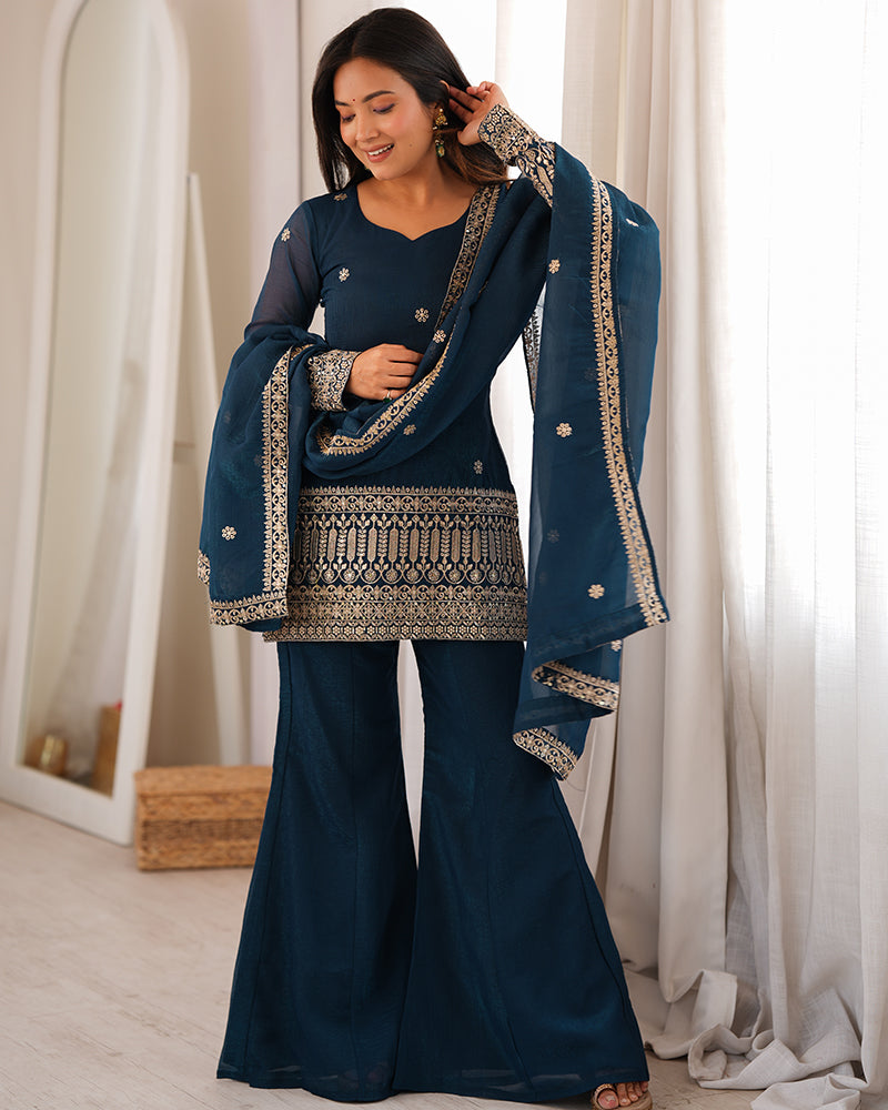 Teal Blue Color  Embroidered Crunchy Silk Plazzo Suit