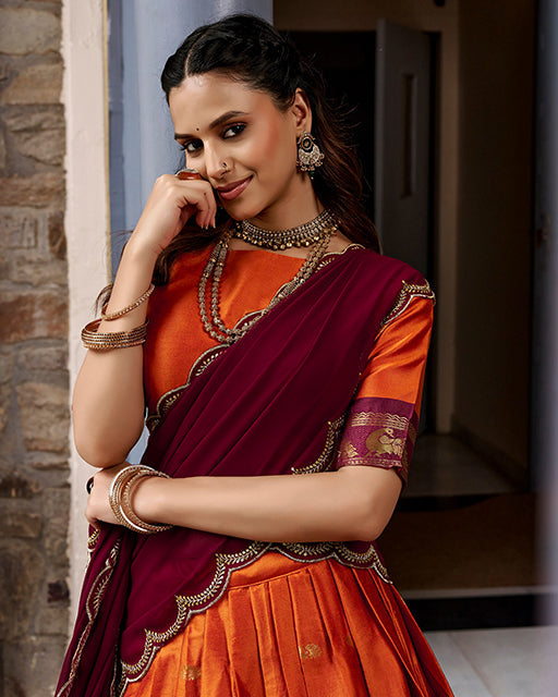 Orange Color Rich Cotton Zari Weaving Half Saree