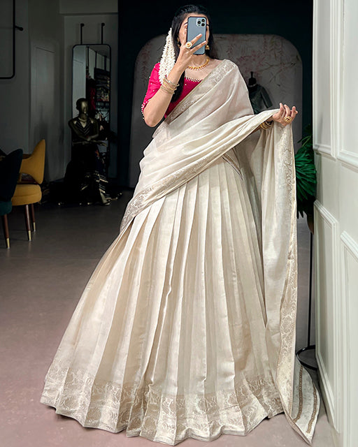 Off White Color Poly Kanjivaram Designer Half Saree