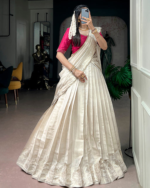 Off White Color Poly Kanjivaram Designer Half Saree
