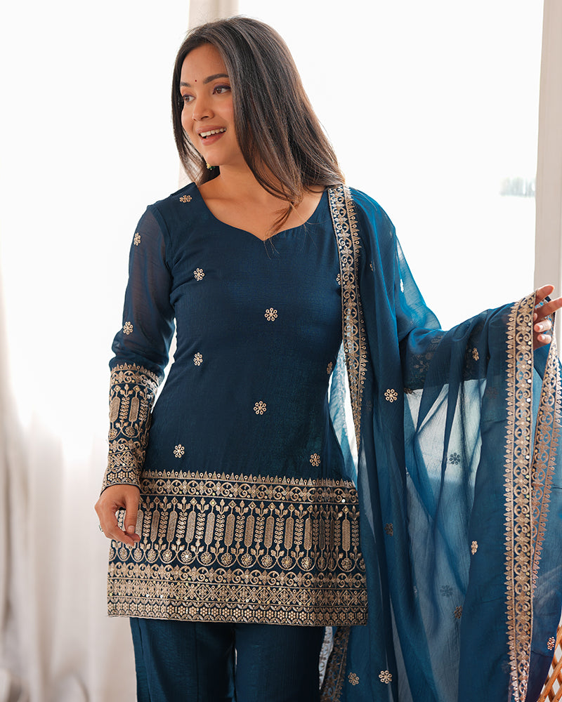 Teal Blue Color  Embroidered Crunchy Silk Plazzo Suit