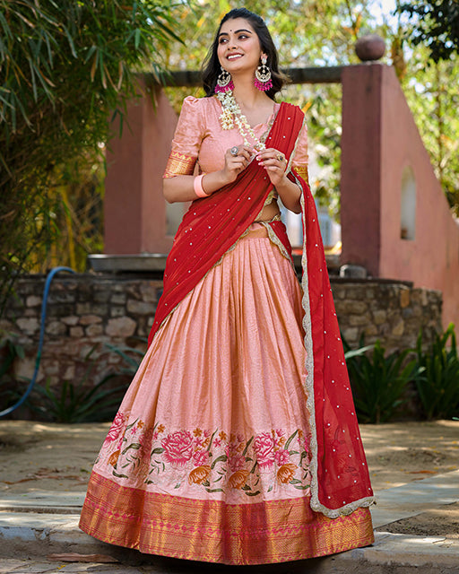 Peach Color Cotton Silk Embordered Half Saree