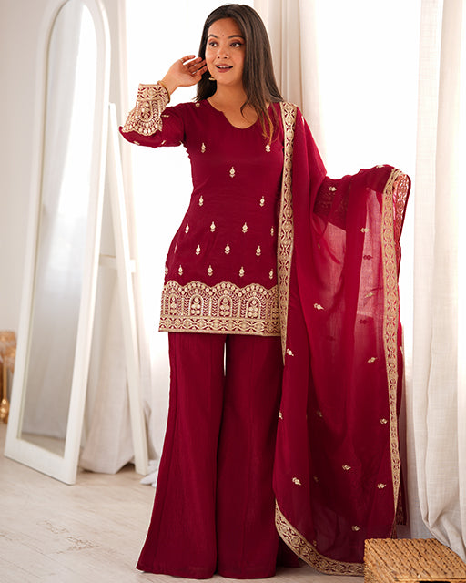 Maroon  Color Crunchy Silk Embroidered Plazzo Suit
