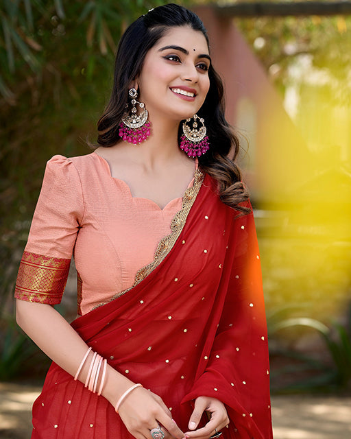 Peach Color Cotton Silk Embordered Half Saree
