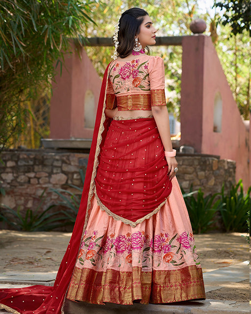 Peach Color Cotton Silk Embordered Half Saree