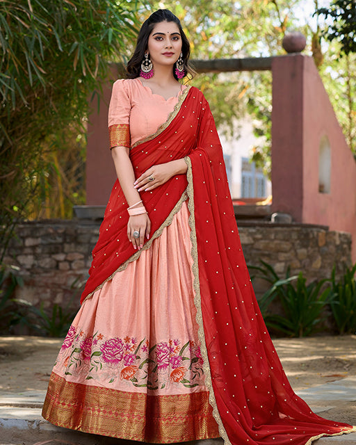 Peach Color Cotton Silk Embordered Half Saree
