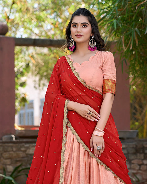 Peach Color Cotton Silk Embordered Half Saree