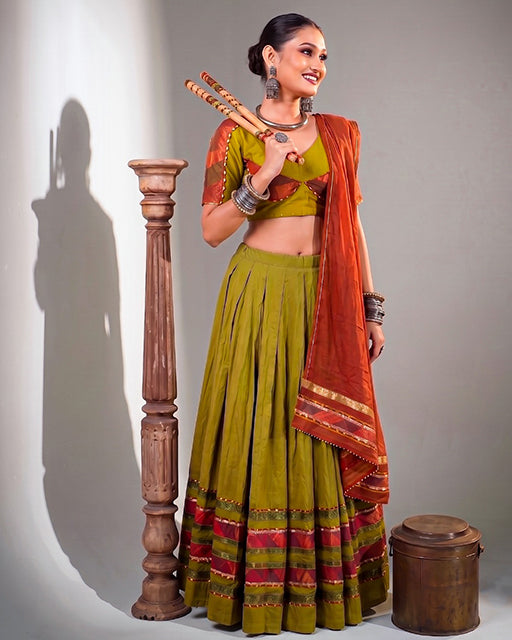 Olive Yellow Color Dhabu Cotton Navratri Lehenga  Set