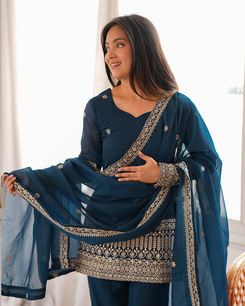 Teal Blue Color  Embroidered Crunchy Silk Plazzo Suit