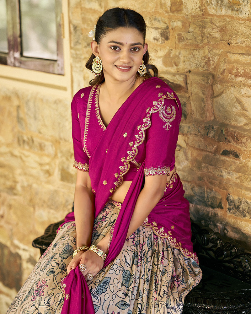 Cream Color Tussar Silk Kalamkari Printed Lehenga Choli