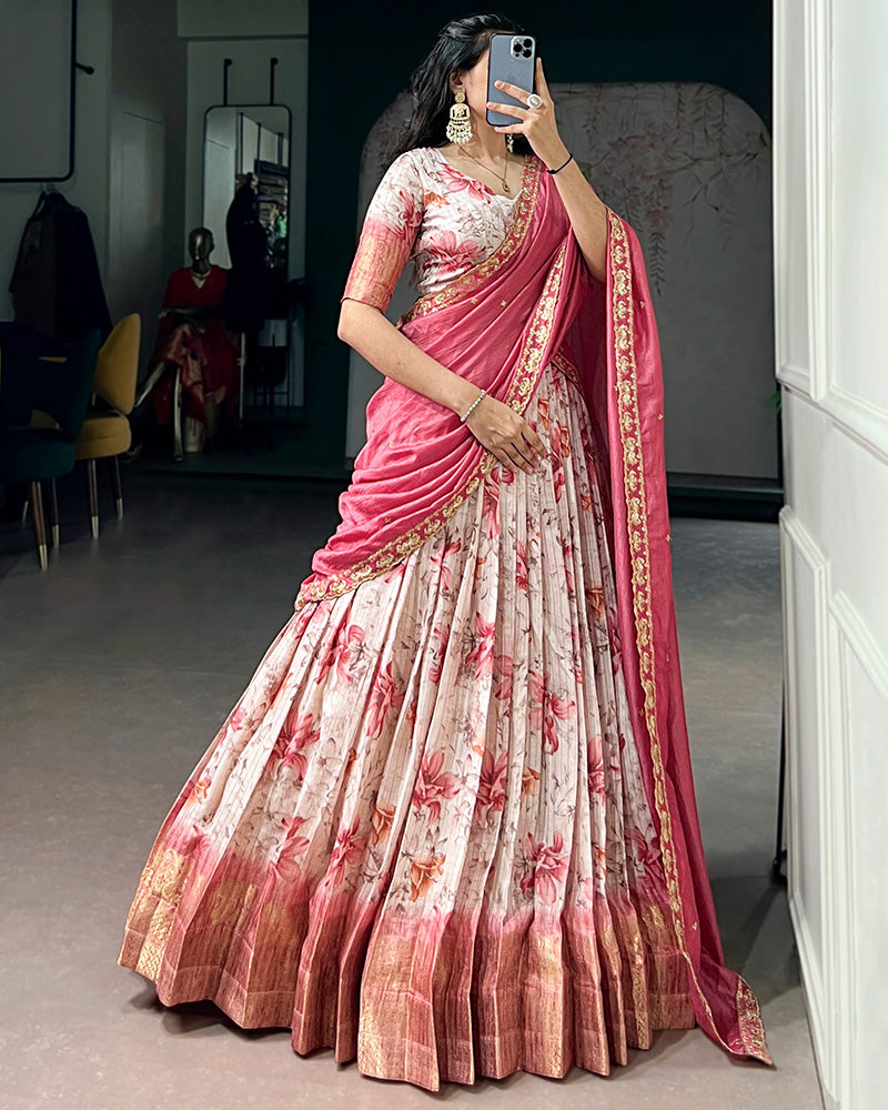 Red Color Dola Chex Floral Printed Half Saree