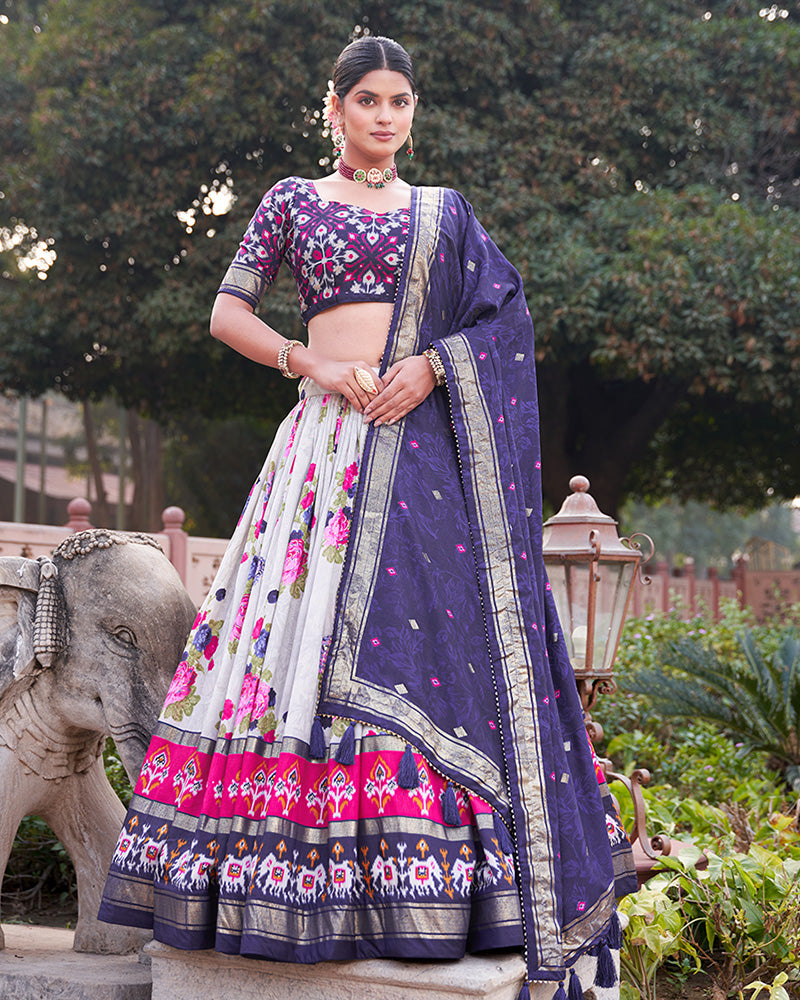 Navy Blue Color Tussar Silk Floral And Patola Print Lehenga Choli
